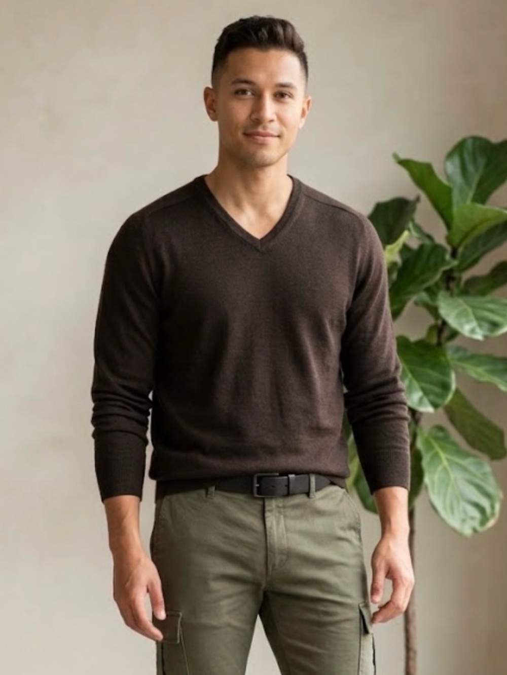 Calvin Klein Merino Wool Dark Chocolate V Neck Sweater L